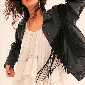 Free People We The Free After Hours Fringe Denim Jacket in Washed Black